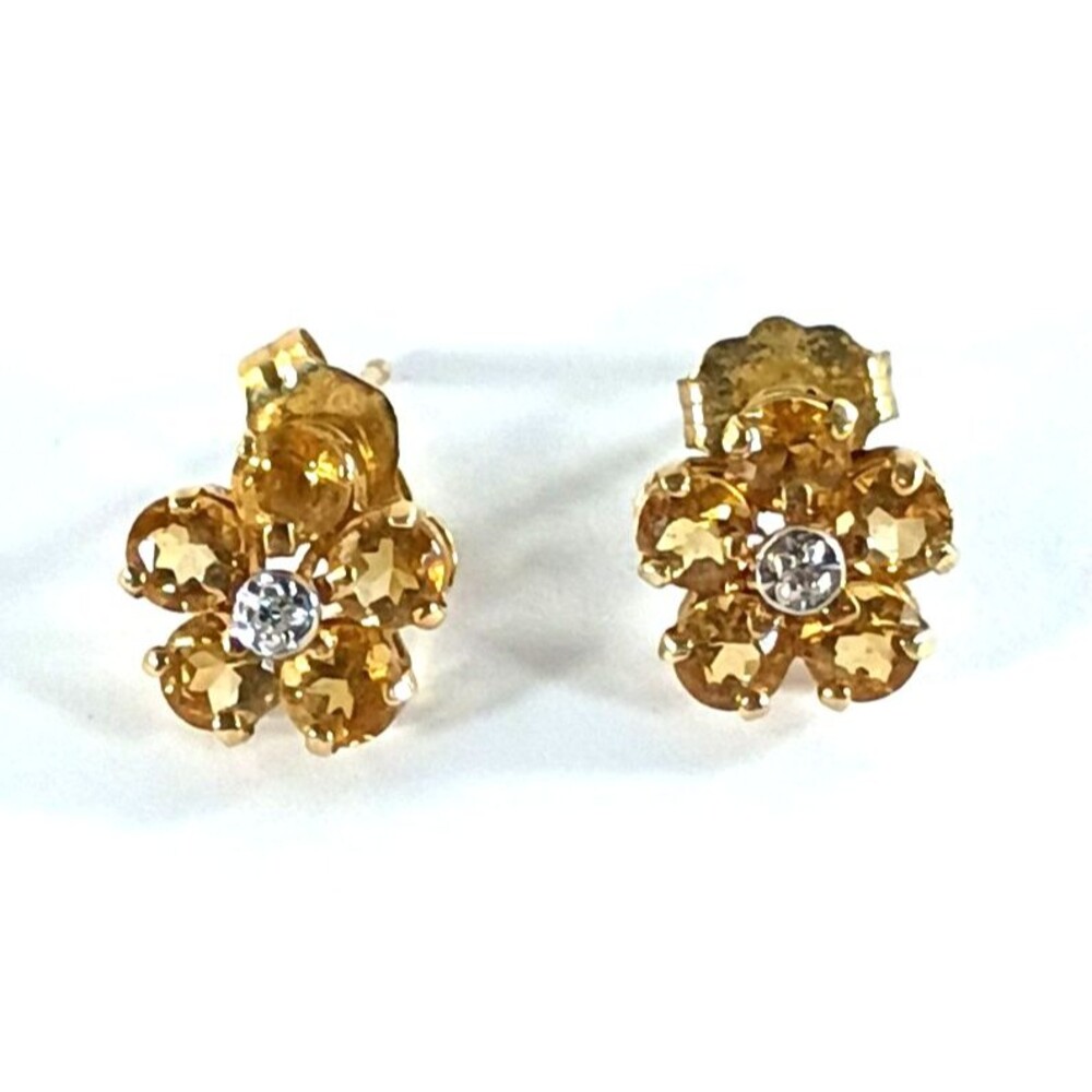 Vintage 14K Gold Citrine Diamond Floral Cluster Stud Earrings Mexico Estate